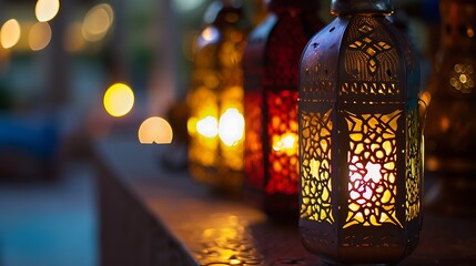 Hanging Ornamental Arabic lantern glowing in night invitation for Muslim holy month Ramadan Kareem