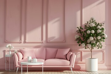 Elegant pink living room interior with velvet sofa and classical wall panels. modern home design with decorative plant. ideal for lifestyle magazines. AI