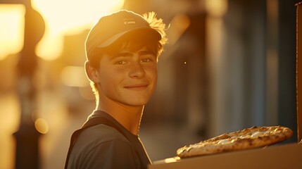 Young smiling delivery boy with pizza enjoying golden hour. casual style, urban setting, candid moment captured. AI