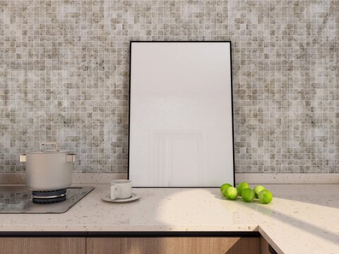 black frame on kitchen countertop, blank poster mockup in modern neutral kitchen interior with lemons and tea, 3D render