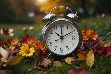 Daylight saving time ends. Alarm clock on beautiful nature background with summer flowers and autumn leaves. Summer time end and fall season coming. Clock turn backward to winter time. Autumn equinox