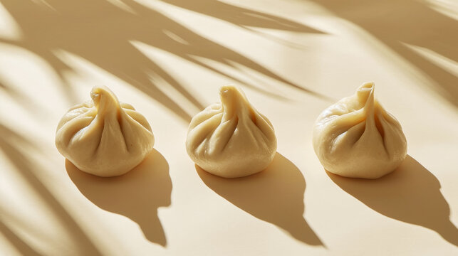 A group of khinkali on a light background with sunny shadows. Traditional food concept. Copy space. Generative AI