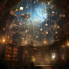 Enchanted library with floating books. 