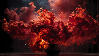 Intense red smoke swirling and dancing, creating a dramatic and fiery ambiance against the dark backdrop.
