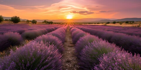 Fototapeta premium Serene lavender field at sunset, soft light over purple blooms, peaceful agricultural landscape. tranquil nature scene. AI