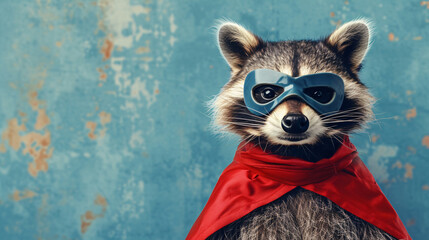A Raccoon in a Superhero Costume against a Solid Background. Copy space.