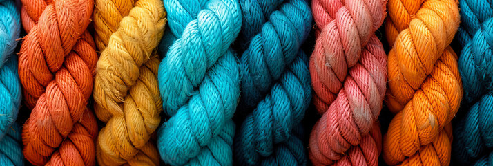 tied colorful rope in a row in parallel line background banner in closeup full frame - obrazy, fototapety, plakaty