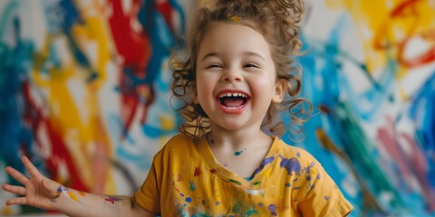 Joyful child laughing with abstract art background, creativity and fun in childhood portrayed. AI
