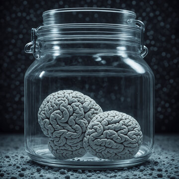 human brain in a transparent glass jar