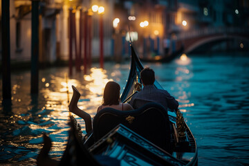 Romantic Gondola Ride at Sunset, Venice's Serene Waterways - obrazy, fototapety, plakaty