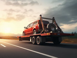 Fotobehang generic unidentifiable car loaded on a towing or recovery breakdown truck driving on the highway for repairing or warranty services concepts as wide banner design with copyspace  © Business Pics