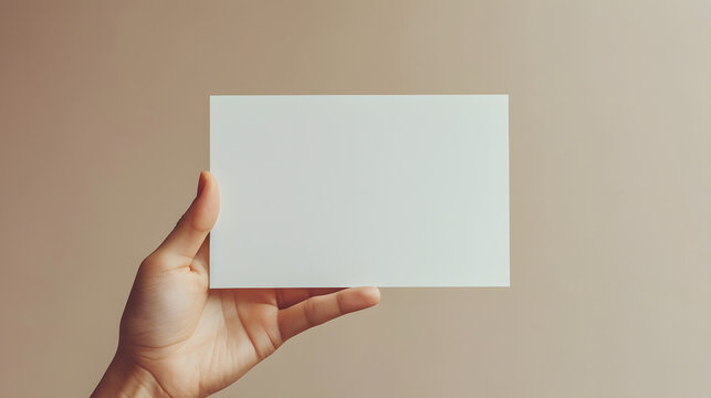 Minimalistic aesthetic hand holding showing blank white empty paper note with copy space for text ad advertising , business announcement promotion concept