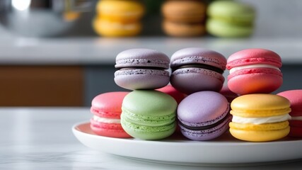 A stack of multi-colored macarons on a white plate, on a table against the backdrop of a light kitchen. Close-up. Generated AI