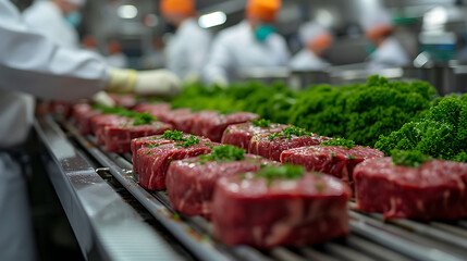 Steak factory production line with production line workers wearing isolation suits