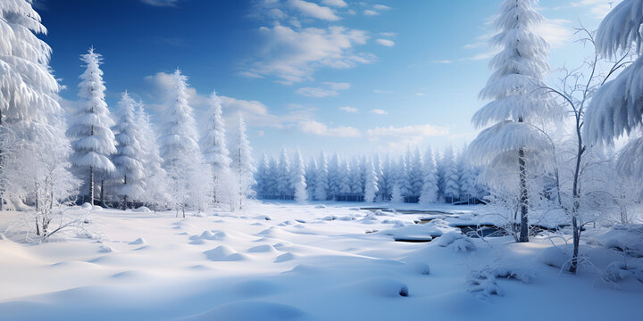 Winter background of snow and frost with landscape of forest, 
rendering of a winter snowy landscape, 