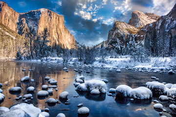 Winter Sunrise Reflections on Yosemite Valley View, Yosemite National Park, California