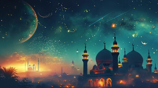 animated islamic wallpaper, ramadan mosque background Seamless looping 4k time-lapse virtual video animation background. Generated AI	
