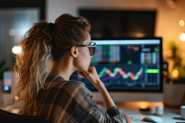 Fototapeta na wymiar Woman Trading Stocks on Computer - Generative AI.