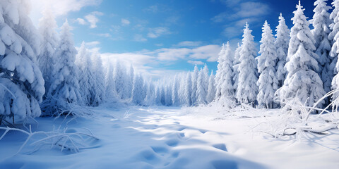 Frosty winter landscape in snowy forest , Serene winter forest blanketed in snow under a sky filled with snowflakes, 
