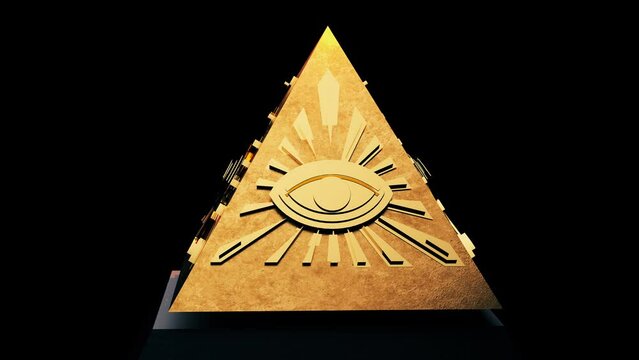 divine golden eye symbol of god, with an eye inside a triangle and stars background - animated illuminati icon, emblem of world power for conspiracy theories and new world order, 3d concept