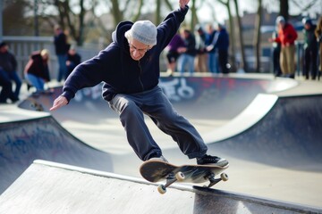 A senior man doing skateboard tricks in a skate park, surprising onlookers with his skills
