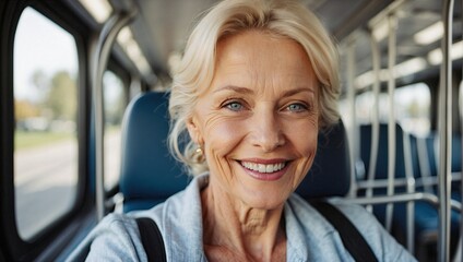 Close-up of a smiling elderly blonde woman on a bus, with sparkling blue eyes and casual attire. - obrazy, fototapety, plakaty