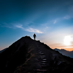 Silhouette of a person hiking up a mountain. 