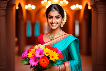 A beautiful Indian girl in a red and turquoise sari, with a traditional hairstyle and jewelry, a bouquet of colorful flowers in her hands, in the center of the frame, a blurred background of the room,
