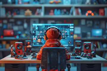 gamer in headphones plays at the computer, neon background	 - obrazy, fototapety, plakaty