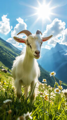 Obraz premium Well-groomed goat on green meadow on a sunny day. Organic dairy products concept. Agricultural landscape. Generative AI