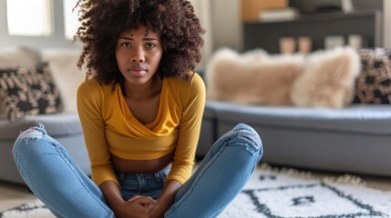 Black lady suffering from menstrual pain, feeling sick to her stomach, touching belly, having abdominal cramps during period, sitting on floor near couch at home - obrazy, fototapety, plakaty