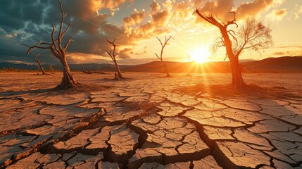 Dead trees on dry cracked earth metaphor Drought, Water crisis and World Climate change.