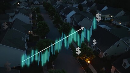 Aerial of American neighborhood with chart representing rising prices in home real estate. Suburban housing development at dusk. Inflation in United States. 3D graphic