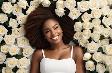 A pretty African-American girl with fluffy hair, a smile on her face, in a white dress with thin straps lies with her head slightly tilted to the side among a large number of rose flowers, top view