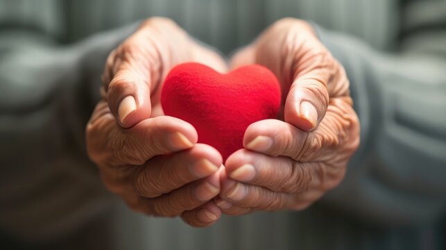 Elderly senior person or grandparent's hands with red heart in support of nursing family caregiver for national hospice palliative care and family caregivers month concept