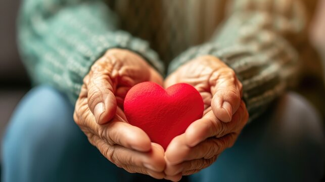 Elderly senior person or grandparent's hands with red heart in support of nursing family caregiver for national hospice palliative care and family caregivers month concept