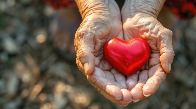 Elderly senior person or grandparent's hands with red heart in support of nursing family caregiver for national hospice palliative care and family caregivers month concept