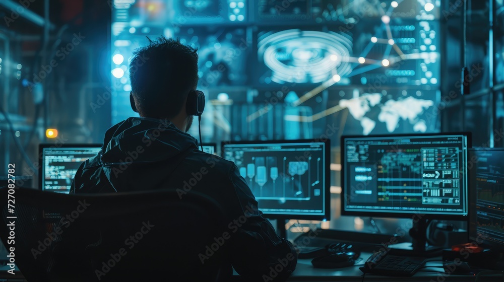 Poster hacker at work with graphic user interface around