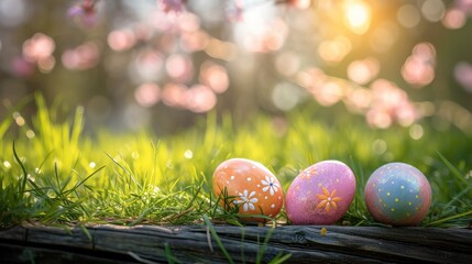 Painted easter eggs in the grass celebrating a Happy Easter in spring with a green grass meadow, cherry blossom and on rustic wooden bench to display