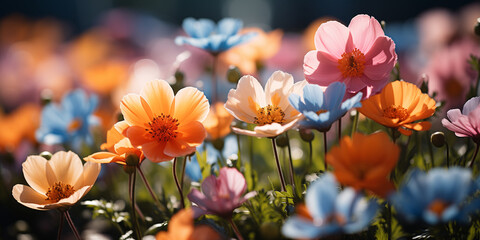 Colorful flower garden background. Floral spring, summer wallpaper, banner. 