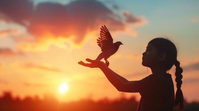 silhouette of bird flying out of Girl child hand on beautiful background freedom concept International Working Women39s Day