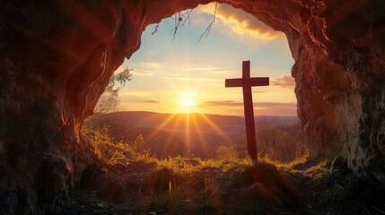 Sunset view of a wooden cross from a cave.