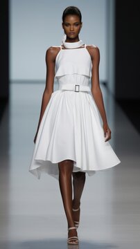 A beautiful African American female model wearing a white dress is parading down the catwalk at a minimalistic fashion show, showing off the designer's new collection.