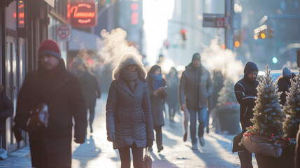 Bustling urban scene with pedestrians walking swiftly on a cold, wintery sidewalk, their breath forming misty clouds in the air.
