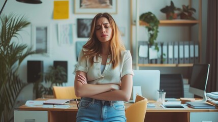 woman suffering with menstrual stomach ache or feeling hurting stomach in her office