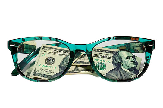 Glasses with reflection of a one dollar bill, isolated Eyewear glasses with one hundred dollars lens. Concept advertising creative art photo earnings.  
on transparent background Generative Ai