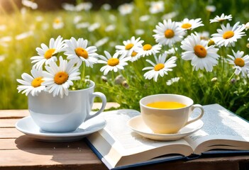 beautiful daisies in white cup, book, braided hat in summer garden. Rural landscape natural background with Chamomile flowers in sunlight. Summer time