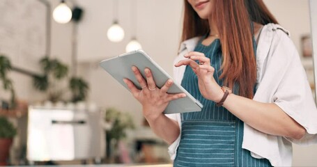 Hands, restaurant or waitress on tablet for social media update or sale promotion in small business. Barista, scroll closeup or person reading on technology app for coffee shop order on cafe review