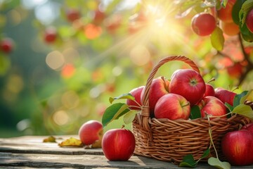 Autumn harvest and thanksgiving concept. Apples in basket on wooden table over blurred apple tree bokeh background.