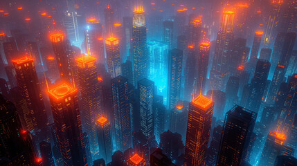 Cityscape cyberspace from futuristic science fiction orange neon lights virtual reality wallpaper background